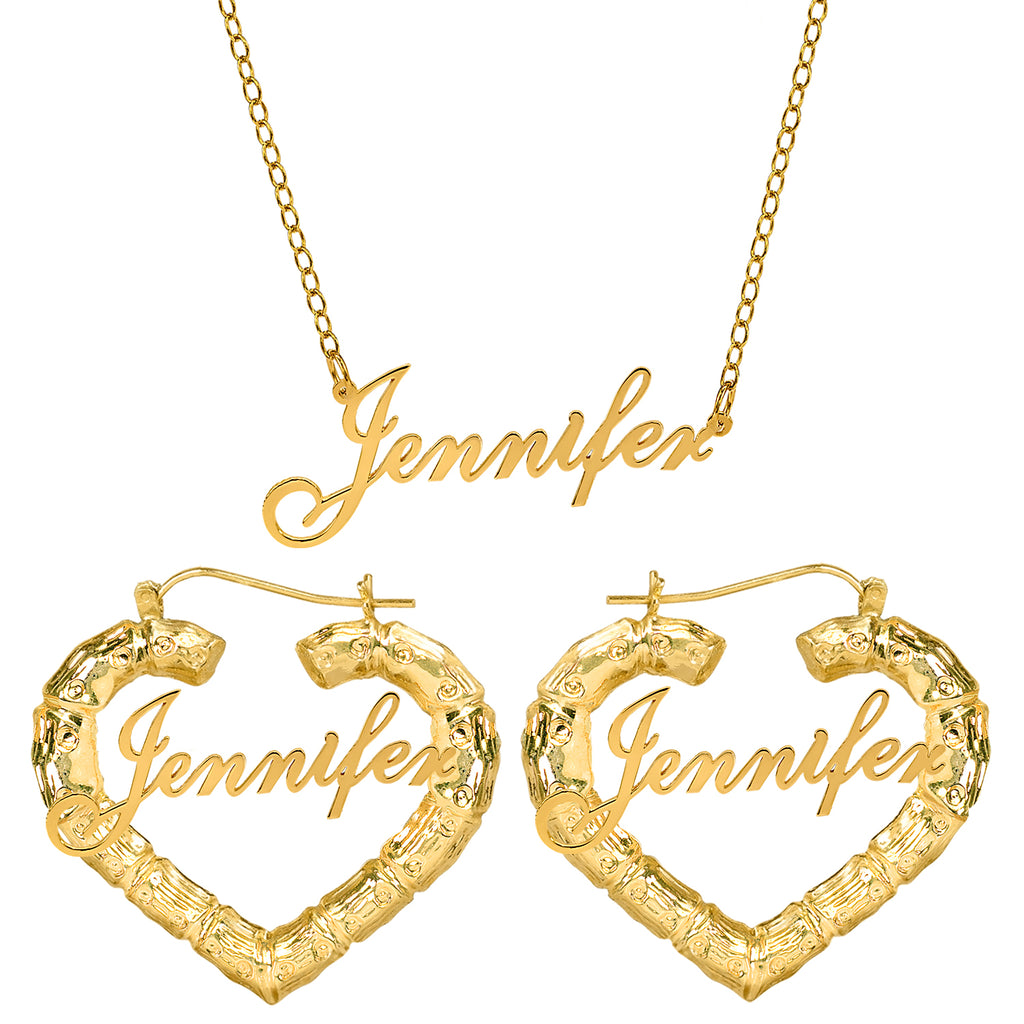 Heart Bamboo Earrings & Name Necklace Set