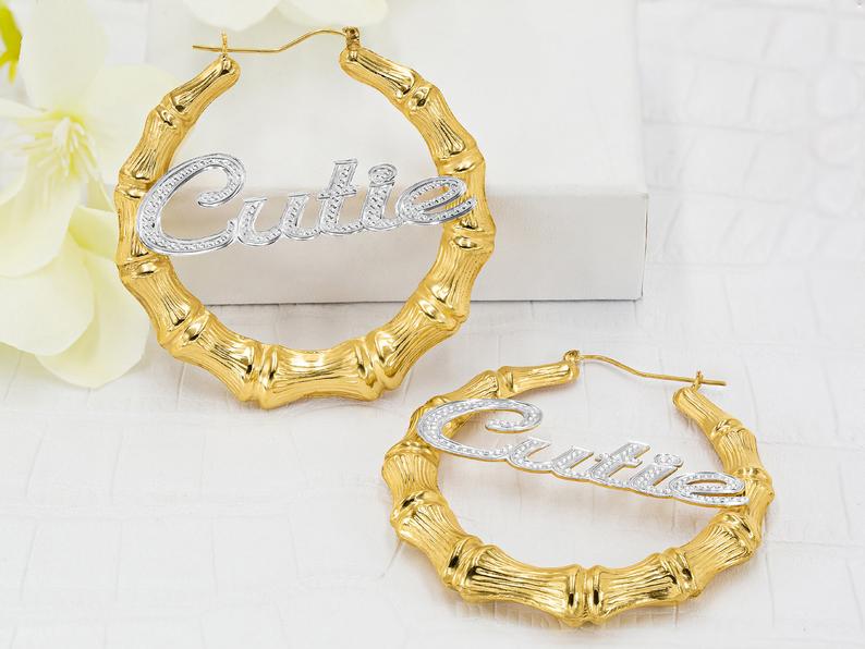 3" Rhodium & Beading Name Bamboo Earrings