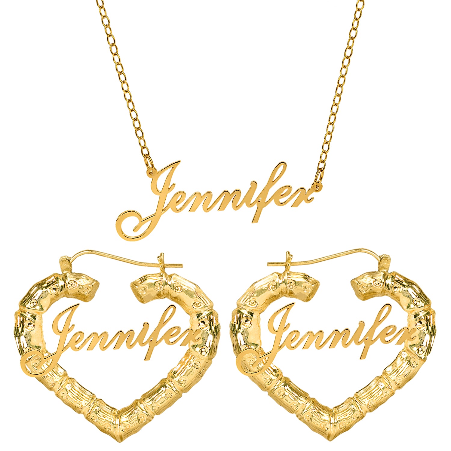 Heart Bamboo Earrings & Name Necklace Set