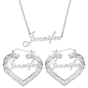 Heart Bamboo Earrings & Name Necklace Set