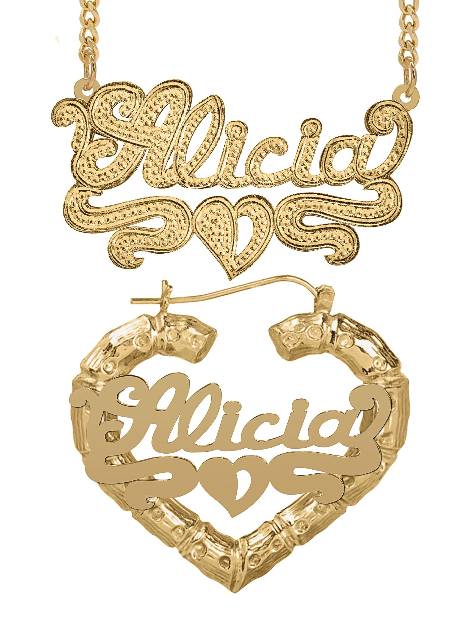 Personalized Set of Necklace and Heart-Shaped Bamboo Earrings