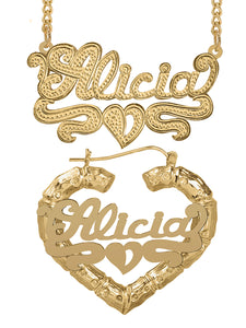 Personalized Set of Necklace and Heart-Shaped Bamboo Earrings