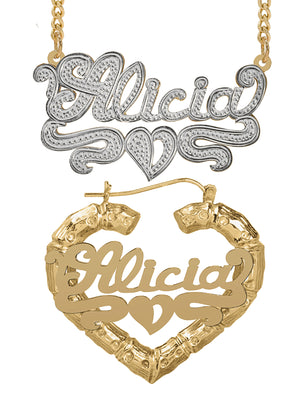Personalized Set of Necklace and Heart-Shaped Bamboo Earrings