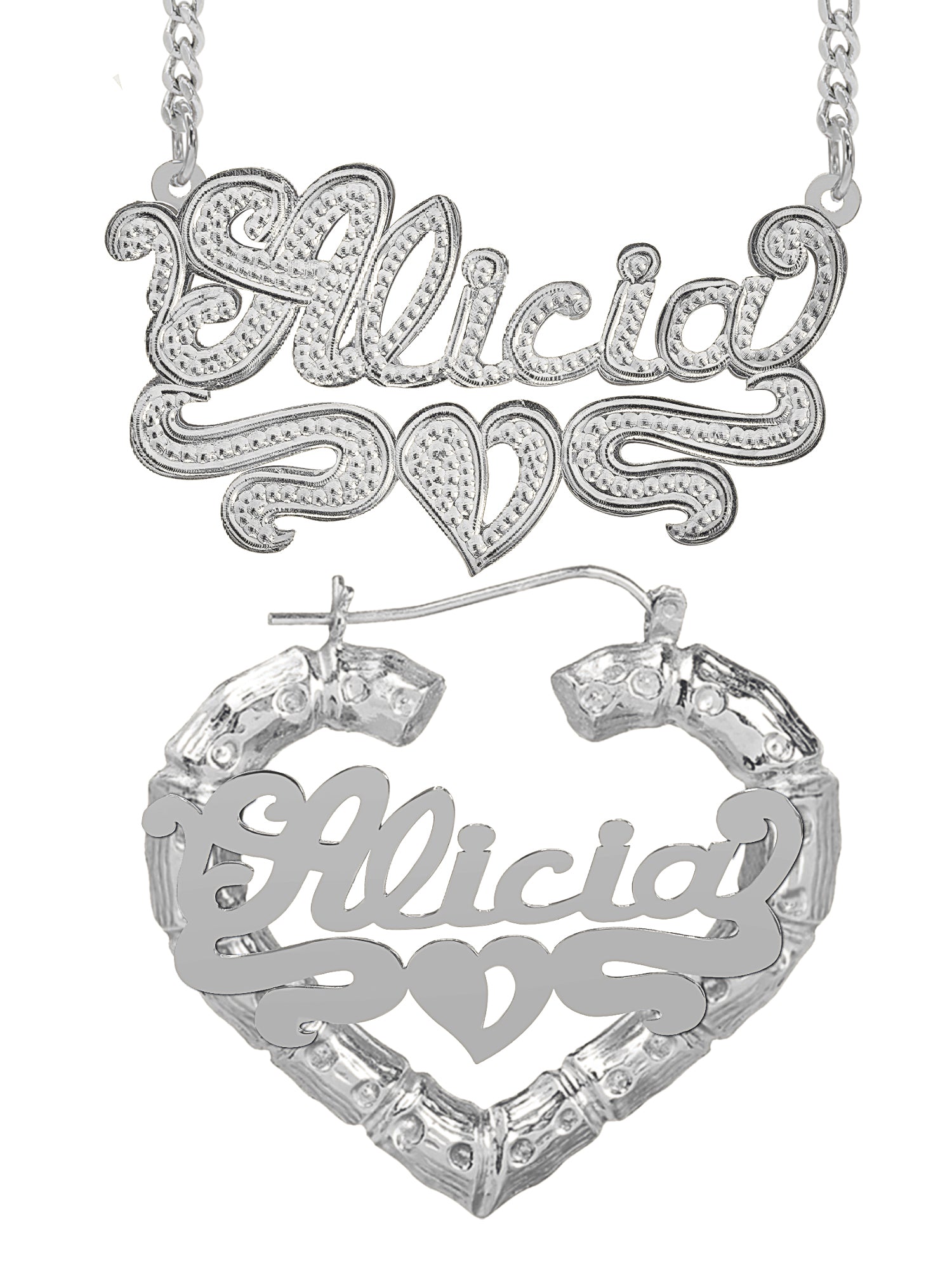 Personalized Set of Necklace and Heart-Shaped Bamboo Earrings