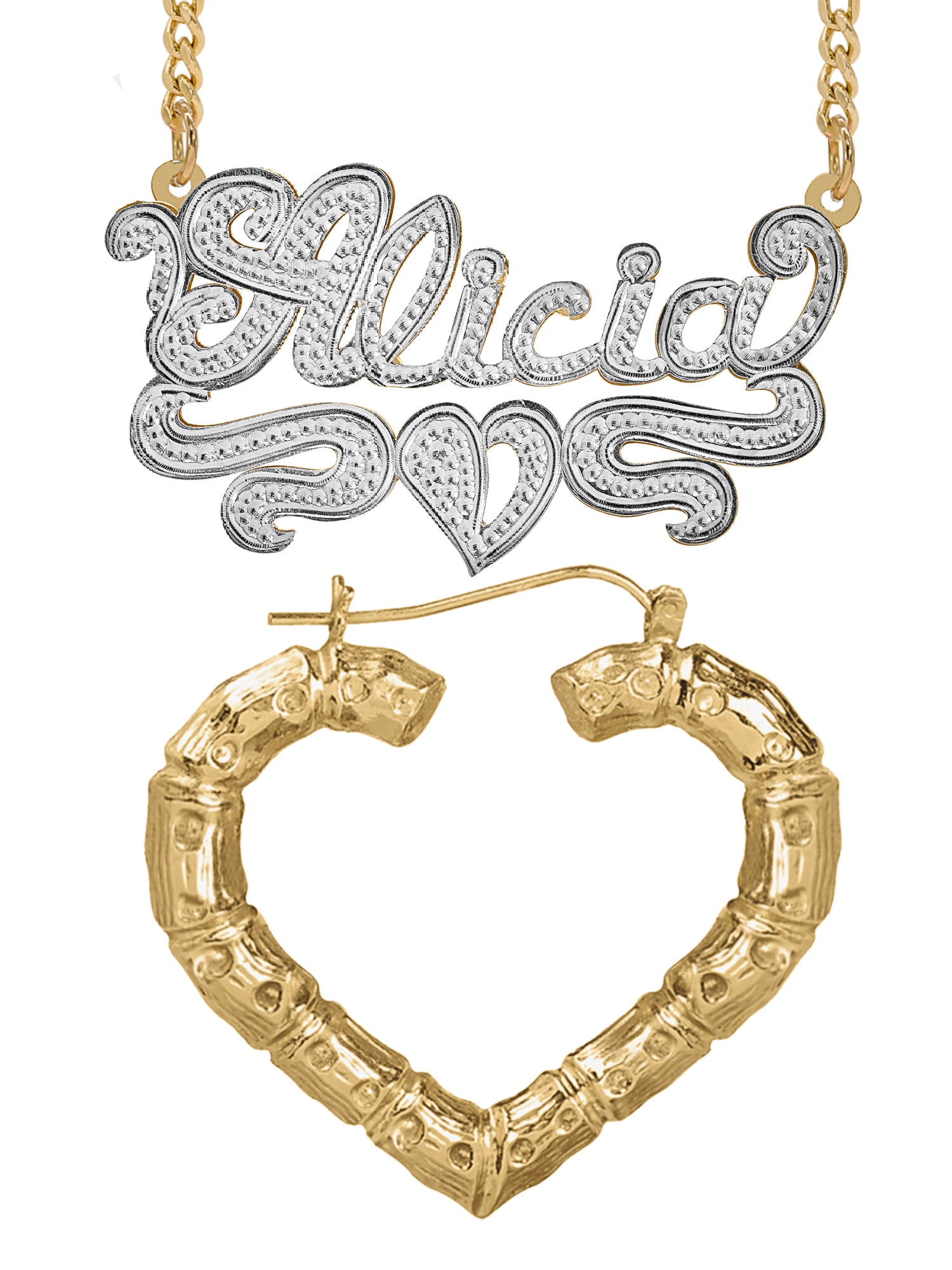 Personalized Set of Necklace and Heart-Shaped Bamboo Earrings