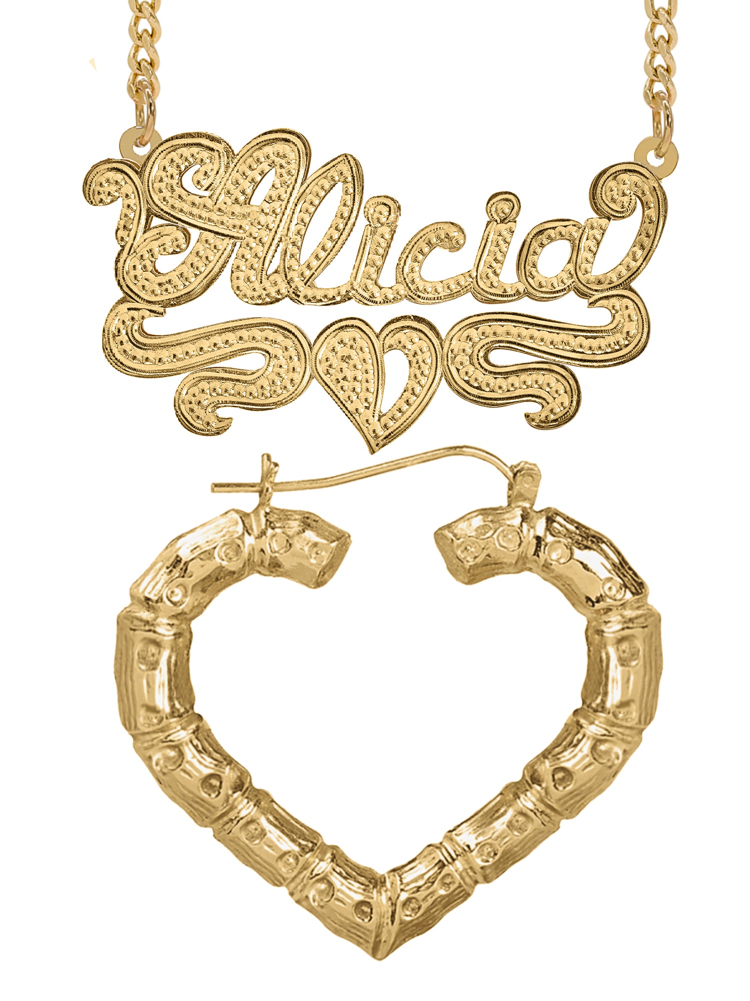 Personalized Set of Necklace and Heart-Shaped Bamboo Earrings