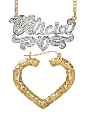 Personalized Set of Necklace and Heart-Shaped Bamboo Earrings