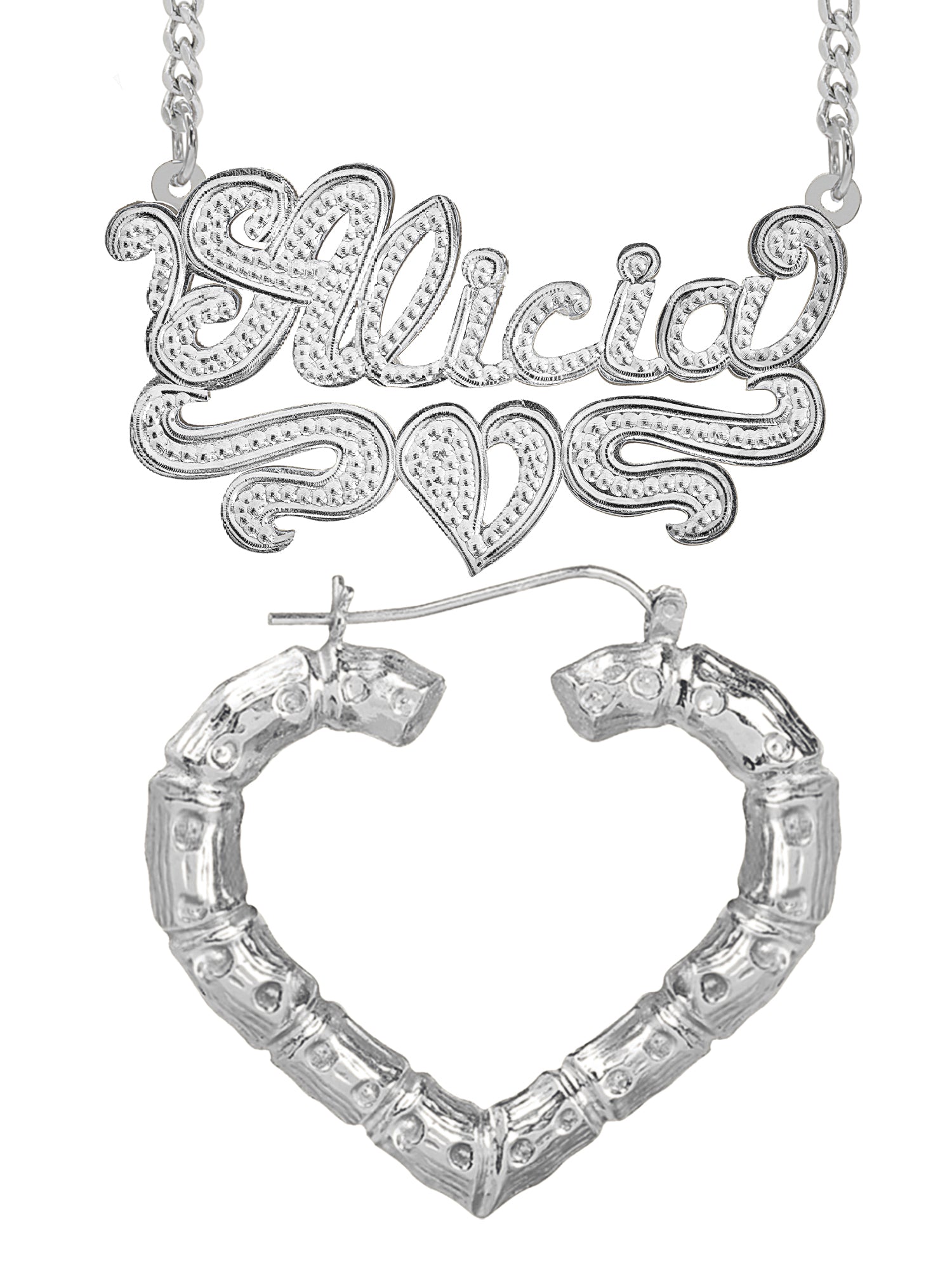 Personalized Set of Necklace and Heart-Shaped Bamboo Earrings