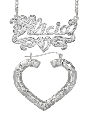 Personalized Set of Necklace and Heart-Shaped Bamboo Earrings