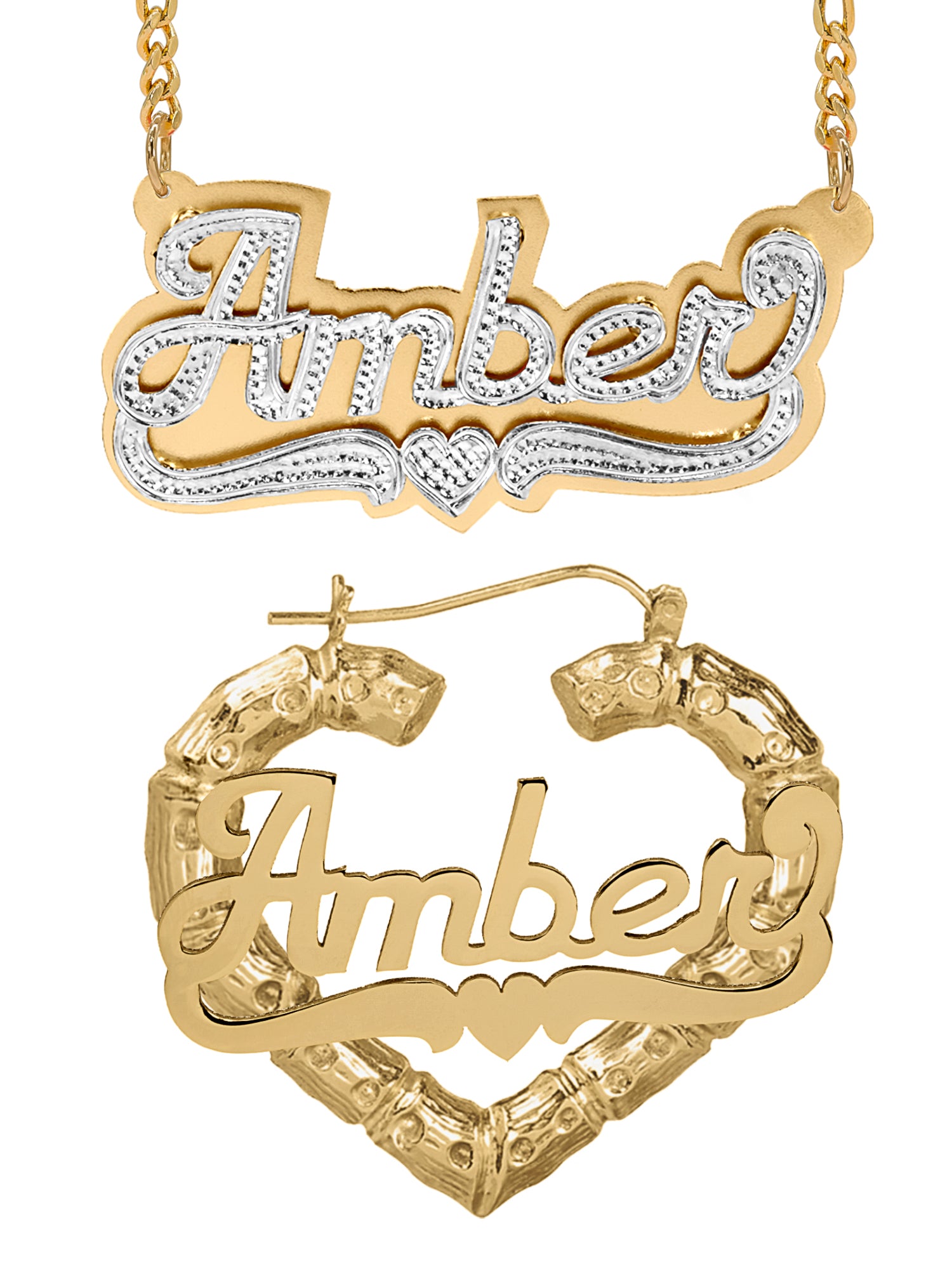 Personalized Set of Necklace and Heart-Shaped Bamboo Earrings