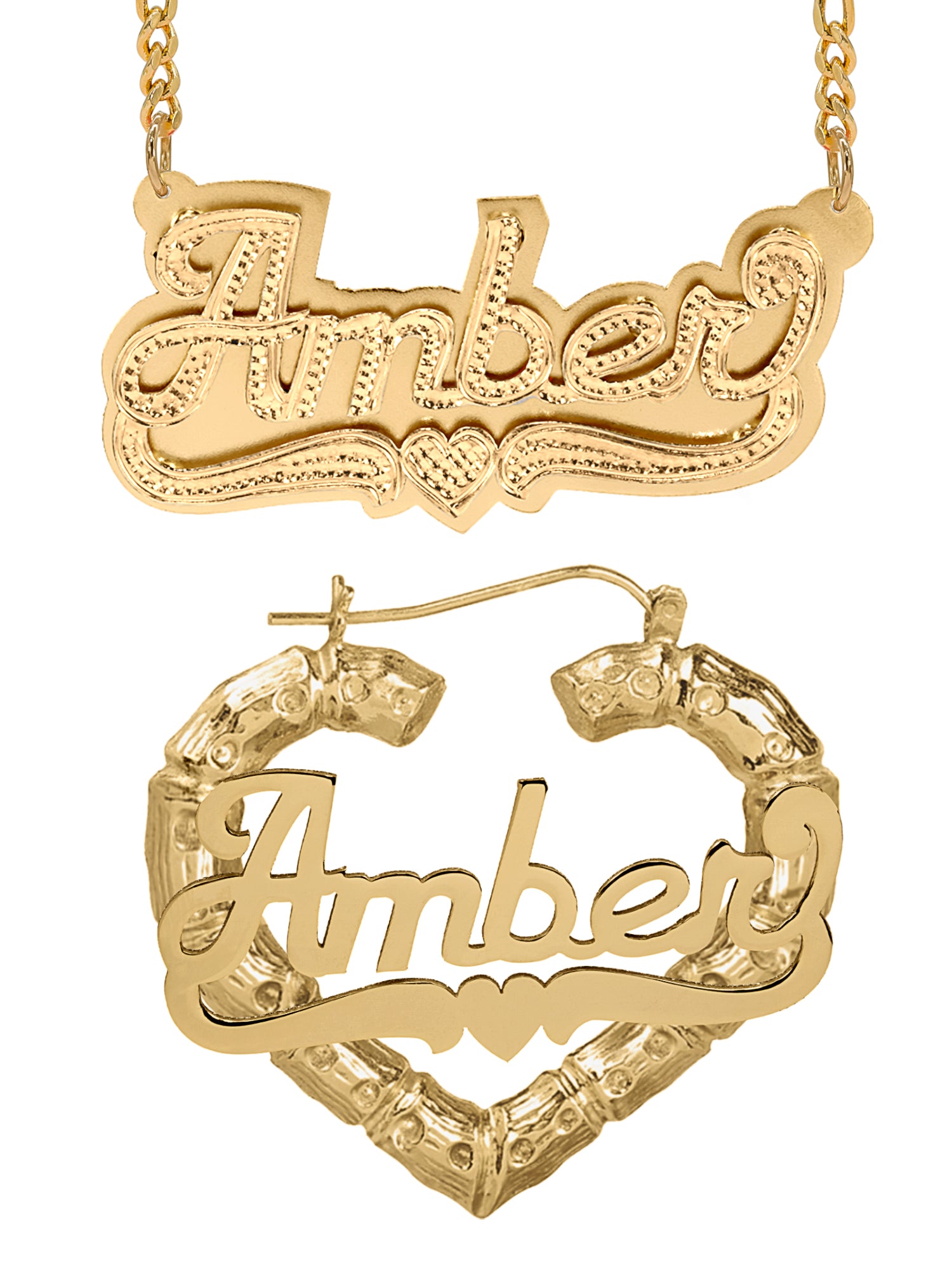 Personalized Set of Necklace and Heart-Shaped Bamboo Earrings