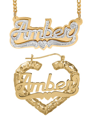 Personalized Set of Necklace and Heart-Shaped Bamboo Earrings