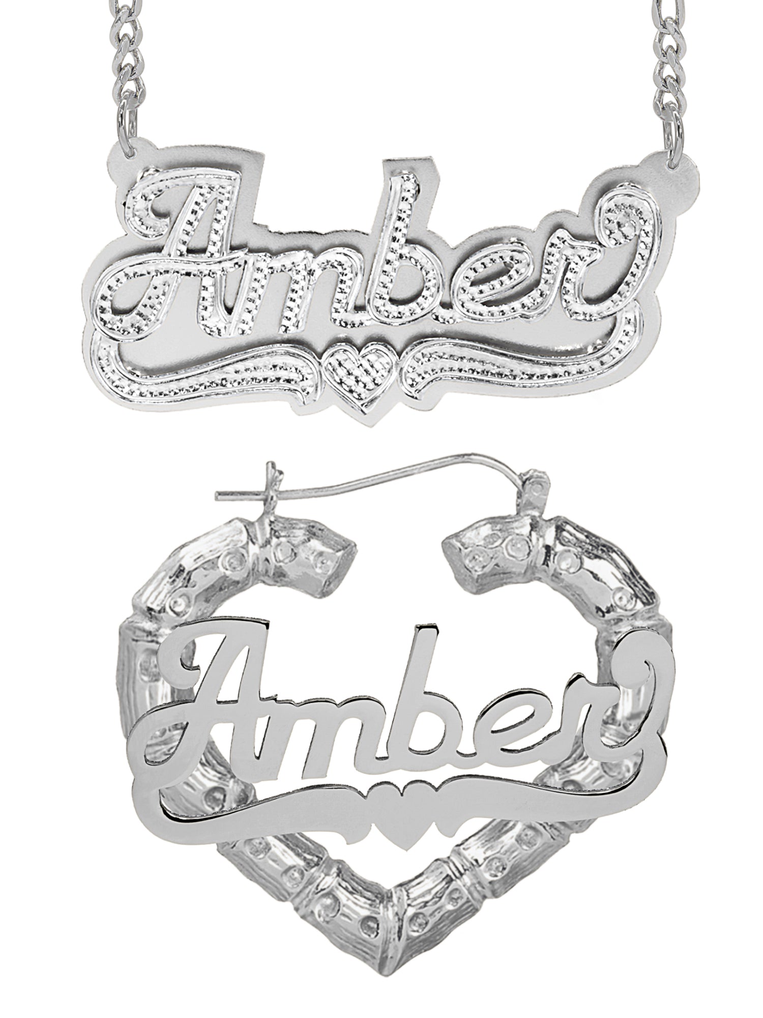 Personalized Set of Necklace and Heart-Shaped Bamboo Earrings