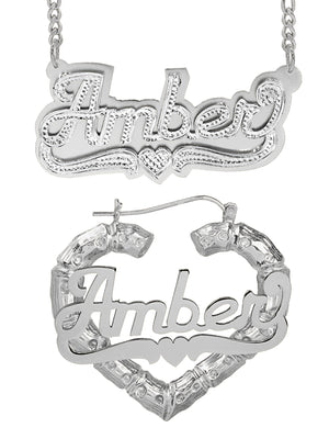 Personalized Set of Necklace and Heart-Shaped Bamboo Earrings
