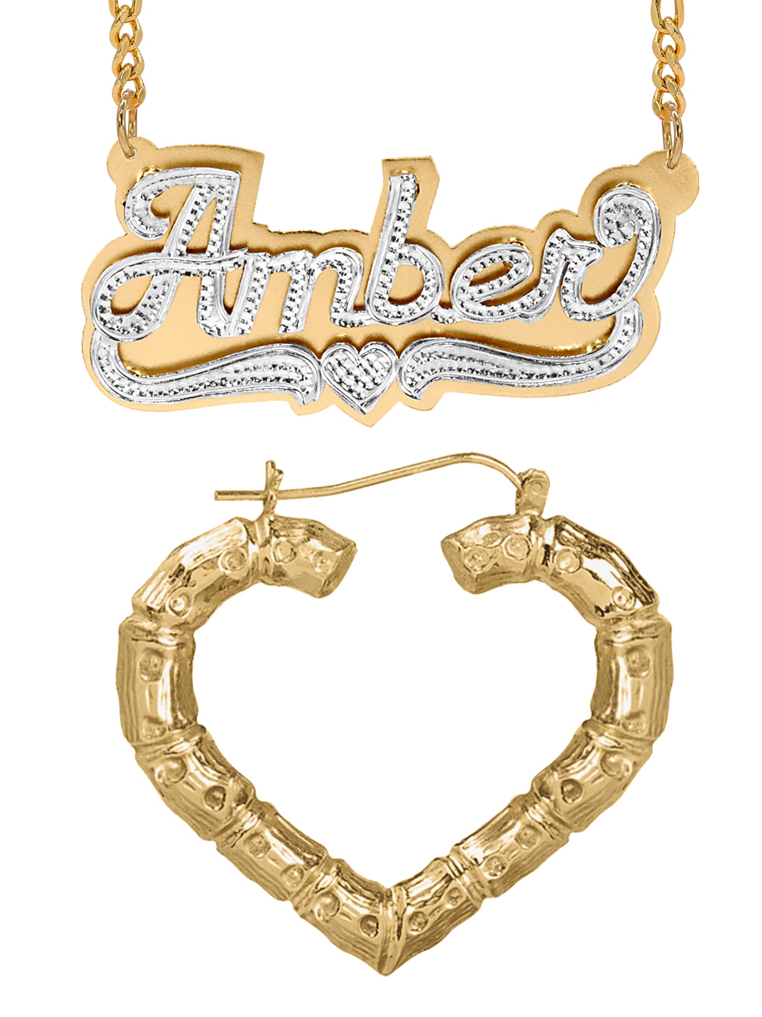 Personalized Set of Necklace and Naked Heart-Shaped Bamboo Earrings