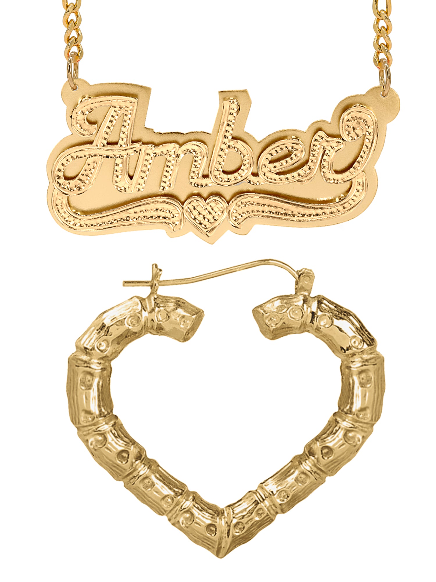 Personalized Set of Necklace and Naked Heart-Shaped Bamboo Earrings