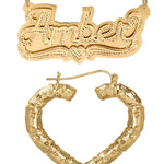 Personalized Set of Necklace and Naked Heart-Shaped Bamboo Earrings