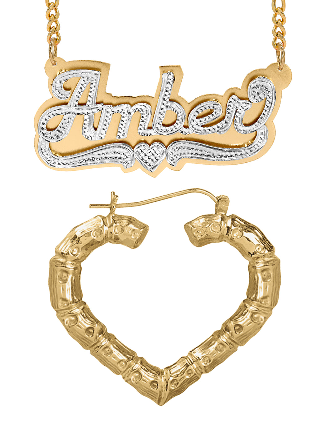 Personalized Set of Necklace and Naked Heart-Shaped Bamboo Earrings