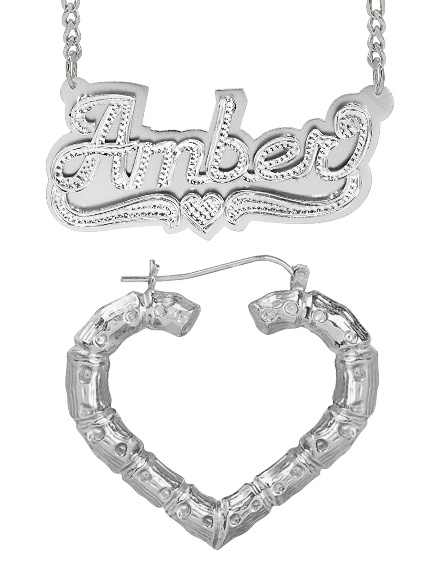 Personalized Set of Necklace and Naked Heart-Shaped Bamboo Earrings