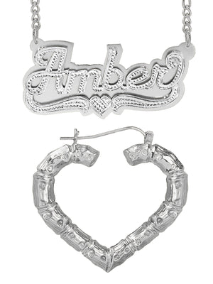Personalized Set of Necklace and Naked Heart-Shaped Bamboo Earrings