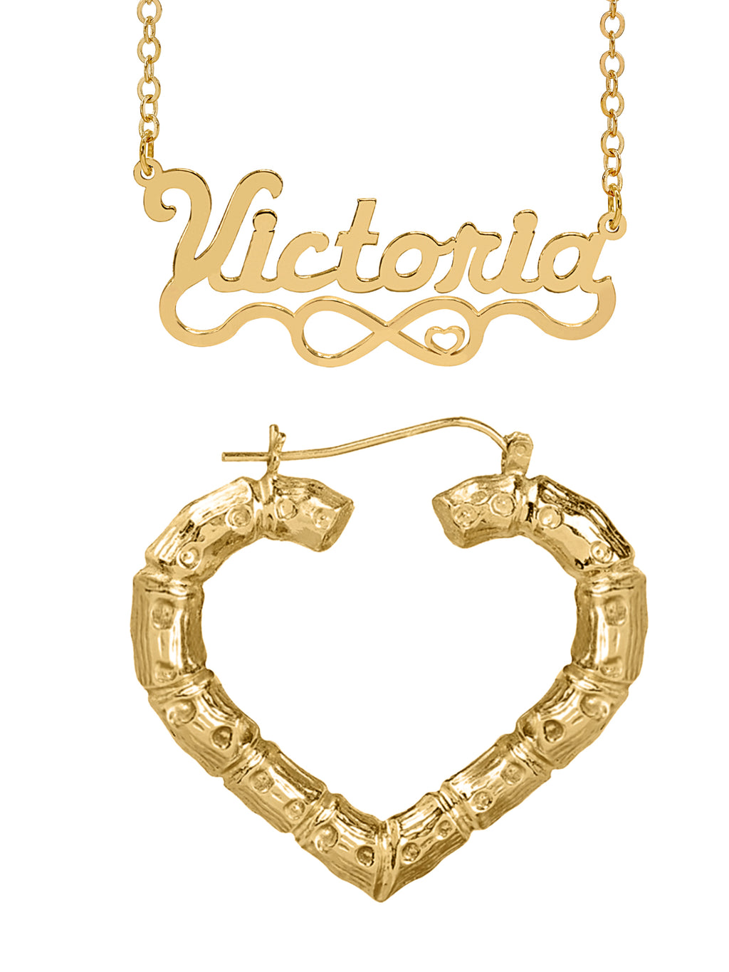 Personalized Set of Necklace and Naked Heart-Shaped Bamboo Earrings