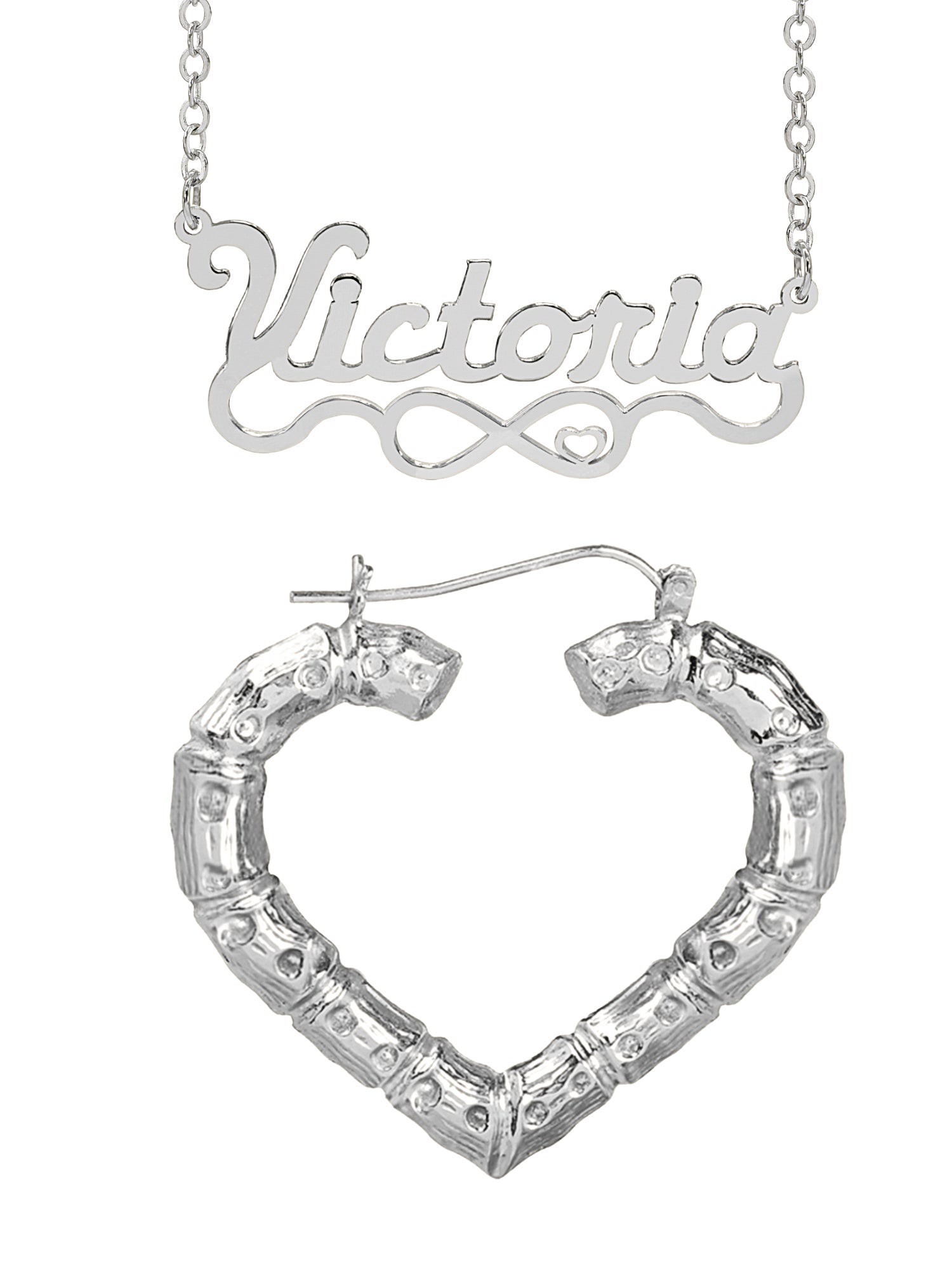 Personalized Set of Necklace and Naked Heart-Shaped Bamboo Earrings