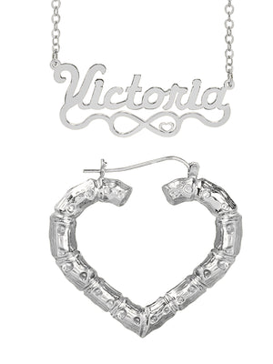 Personalized Set of Necklace and Naked Heart-Shaped Bamboo Earrings
