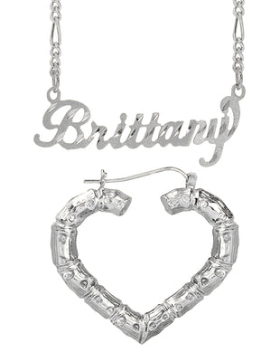 Personalized Set of Necklace and Naked Heart-Shaped Bamboo Earrings