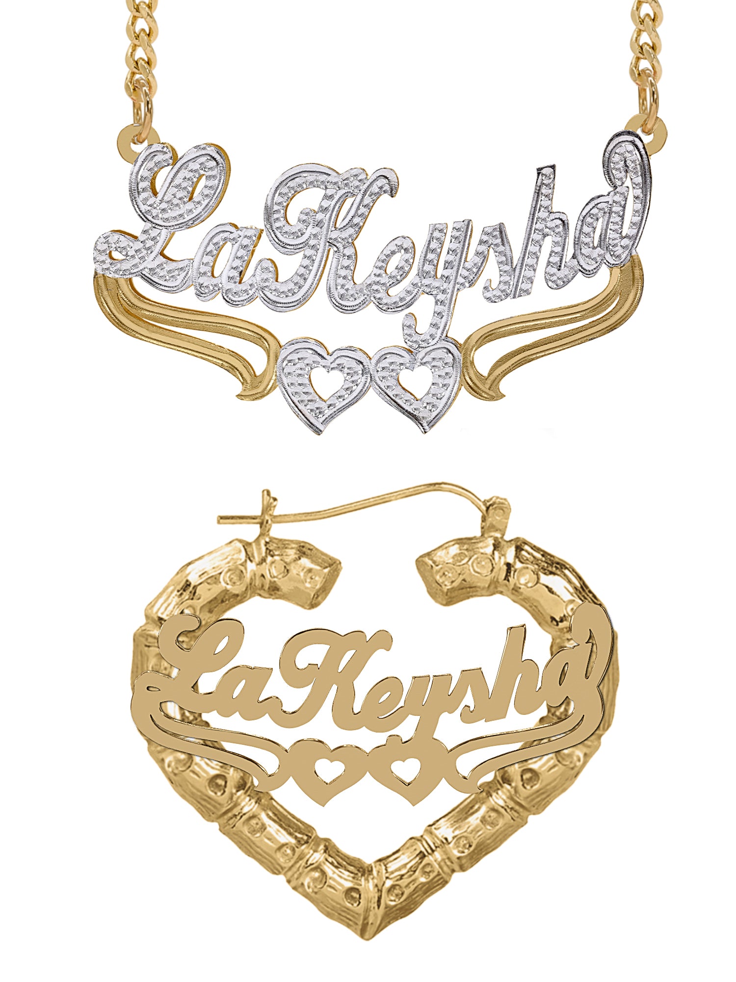 Personalized Set of Necklace and Heart-Shaped Bamboo Earrings
