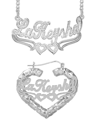 Personalized Set of Necklace and Heart-Shaped Bamboo Earrings