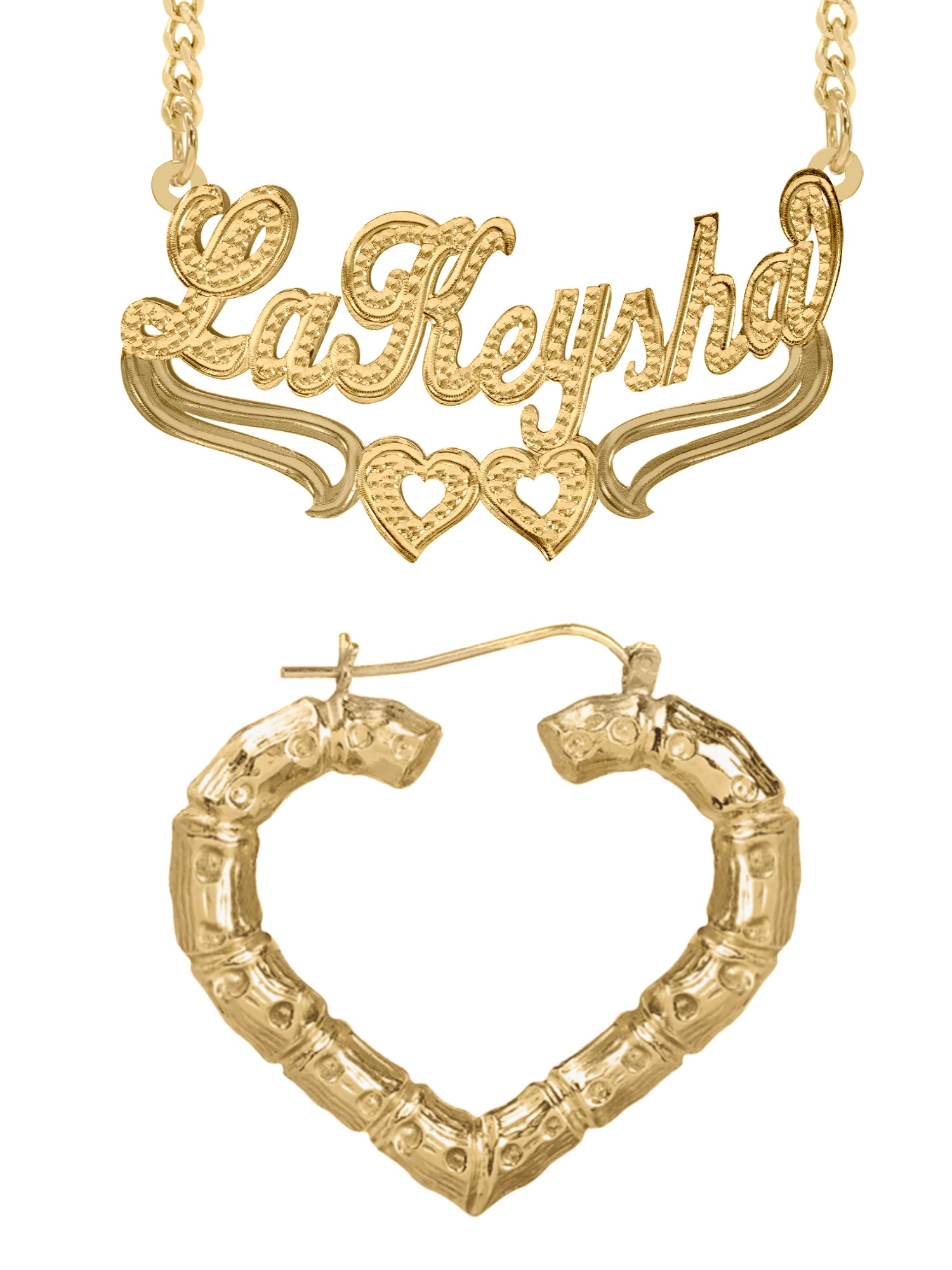Personalized Set of Necklace and Naked Heart-Shaped Bamboo Earrings