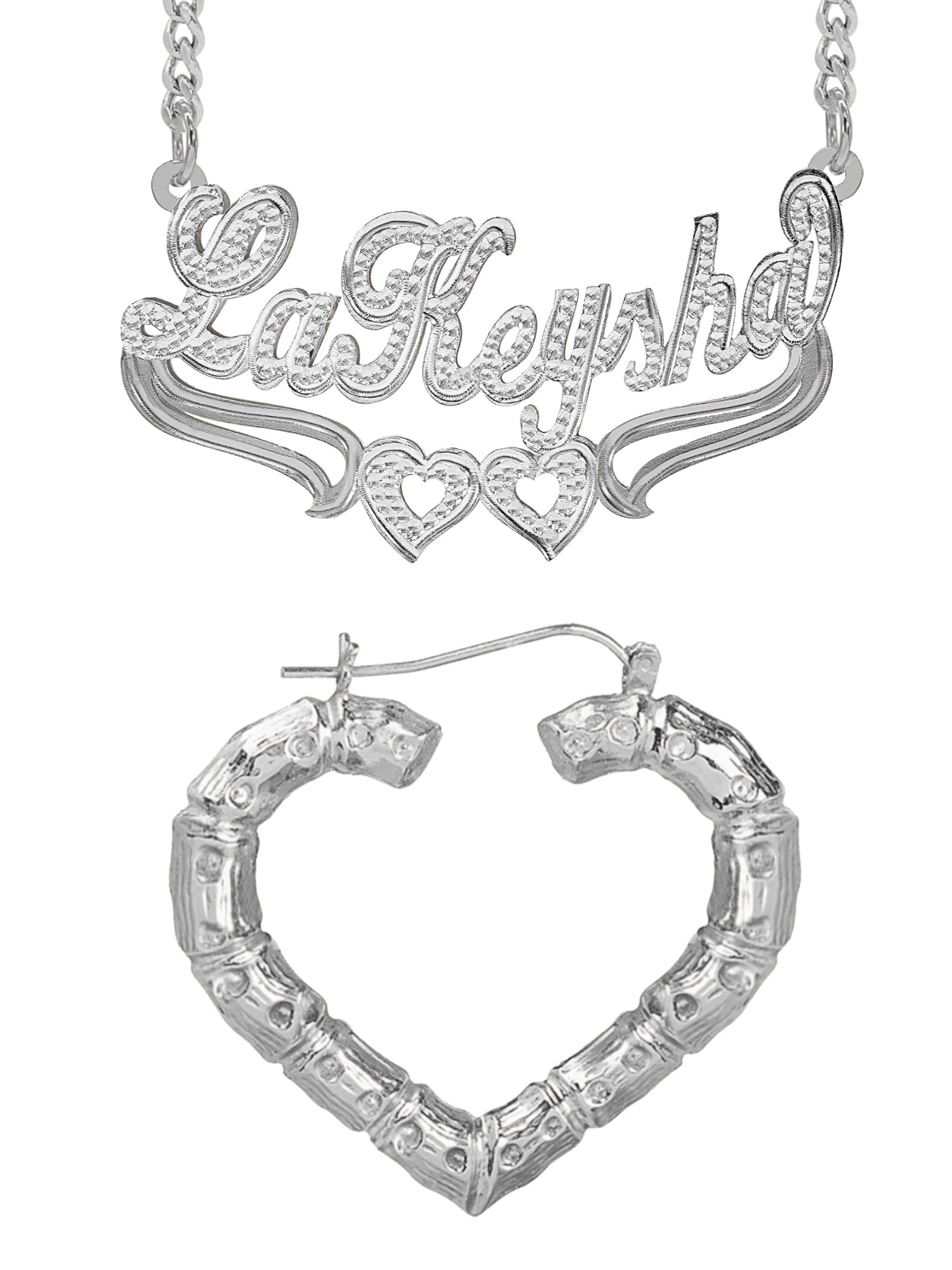Personalized Set of Necklace and Naked Heart-Shaped Bamboo Earrings