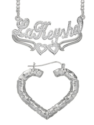 Personalized Set of Necklace and Naked Heart-Shaped Bamboo Earrings