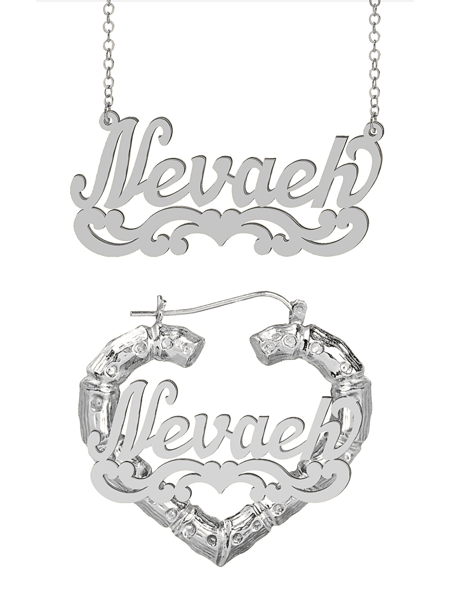 Personalized Set of Necklace and Heart-Shaped Bamboo Earrings.
