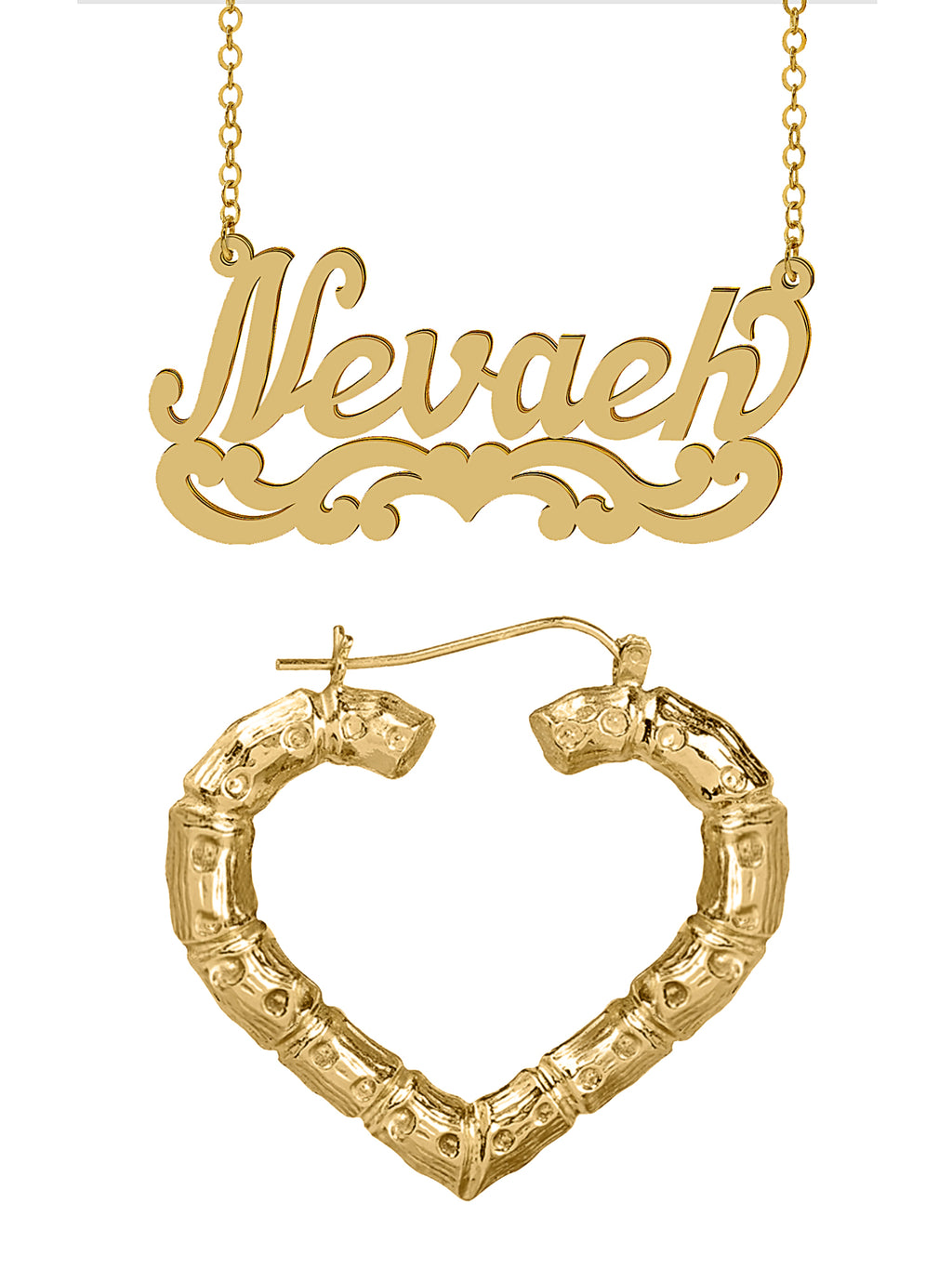 Personalized Set of Necklace and Naked Heart-Shaped Bamboo Earrings