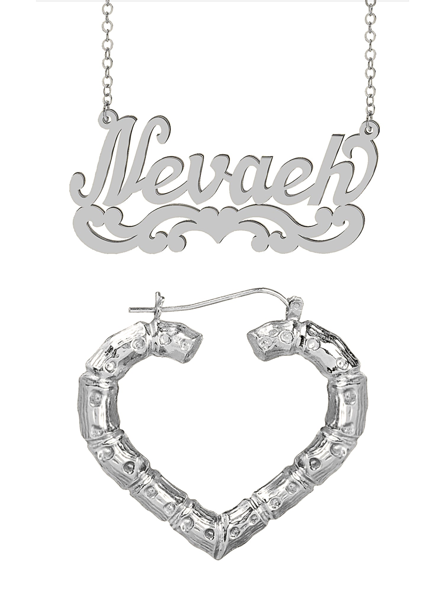 Personalized Set of Necklace and Naked Heart-Shaped Bamboo Earrings