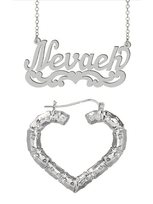 Personalized Set of Necklace and Naked Heart-Shaped Bamboo Earrings