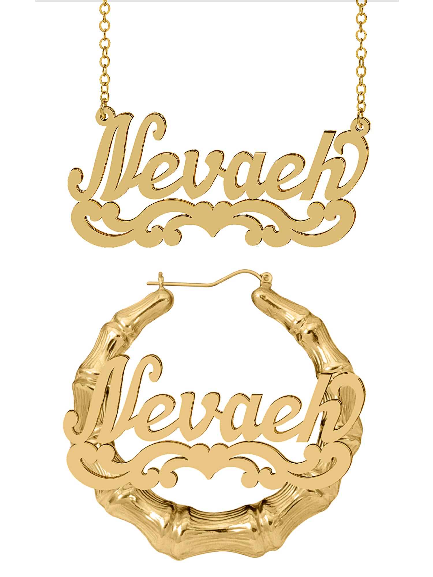 Personalized Set of Necklace and Round Bamboo Earrings