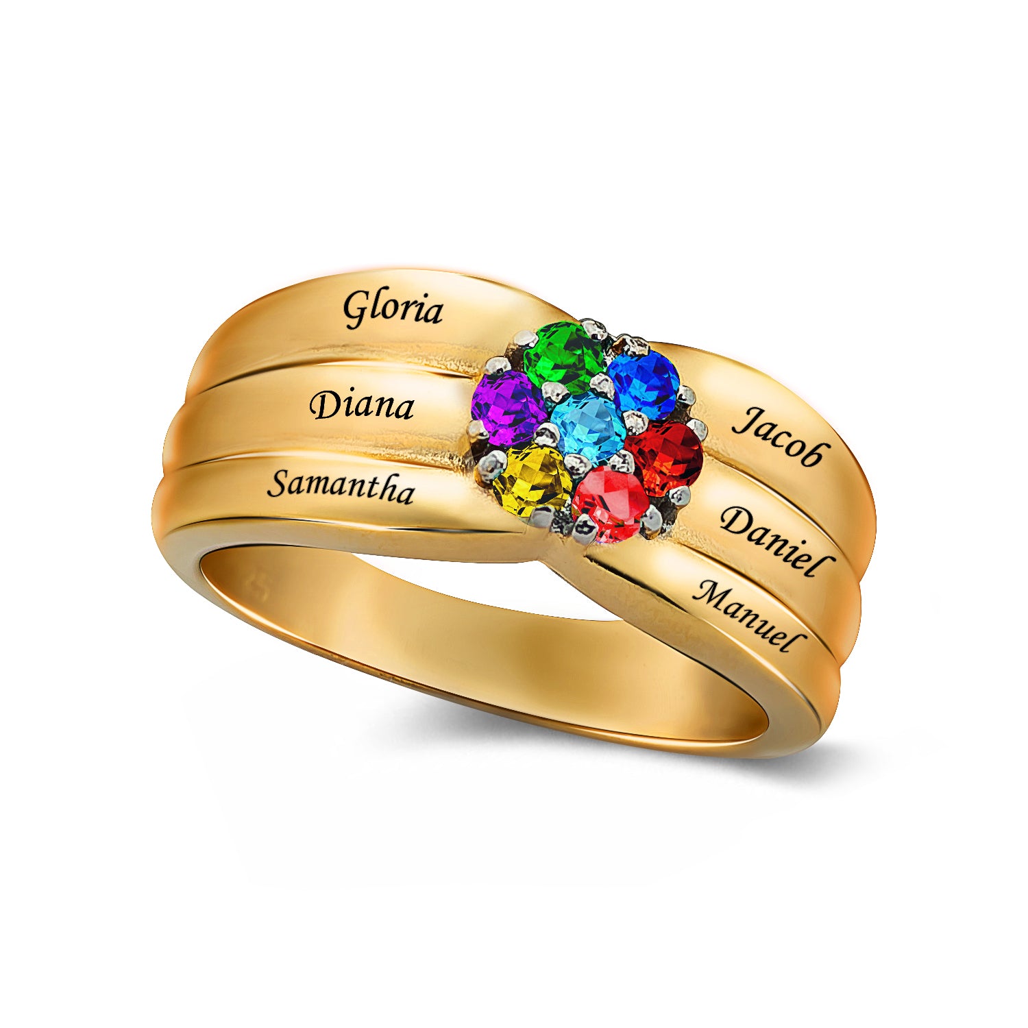 Engraved Names Family Ring with Birthstones
